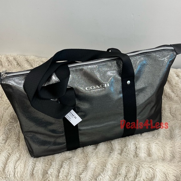 Coach Duffel Bag Silver Shimmer Metallic Overnight Weekender Travel Bag NEW - Picture 2 of 5